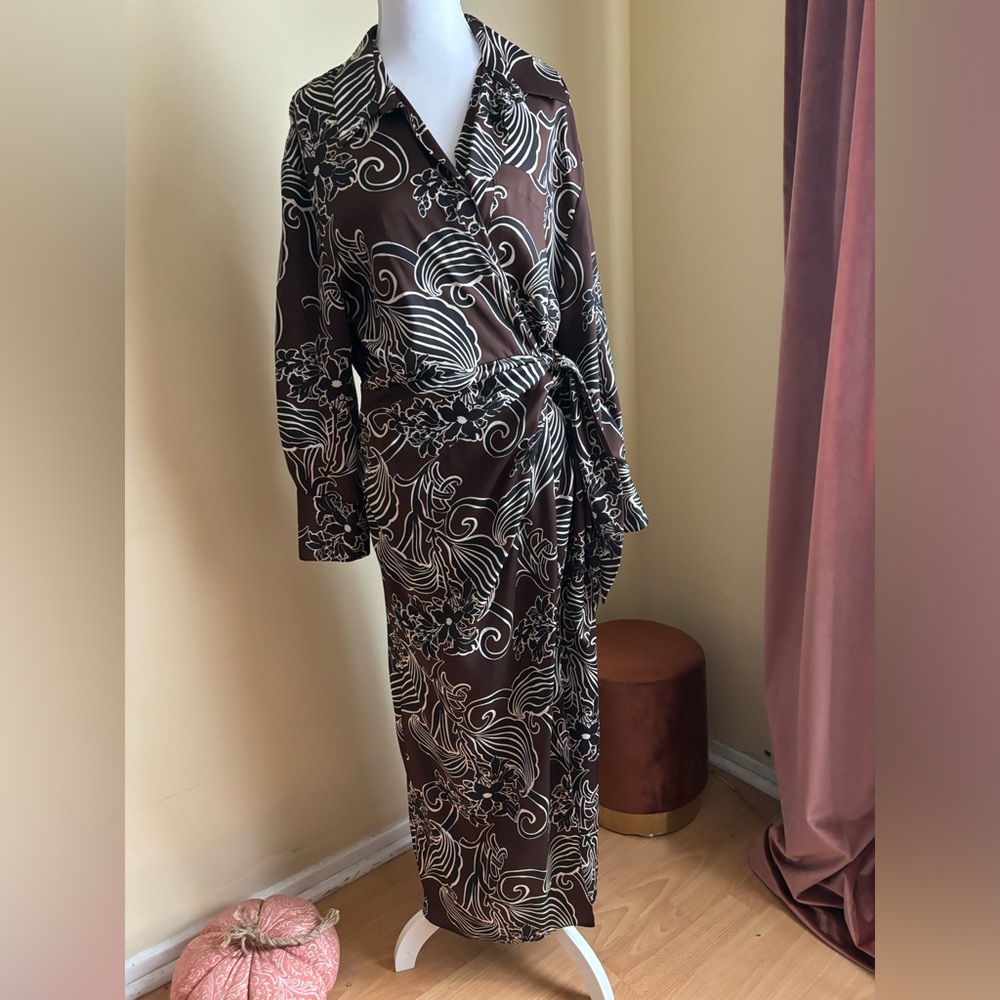 Brown and Cream Patterned Wrap Dress from Zara